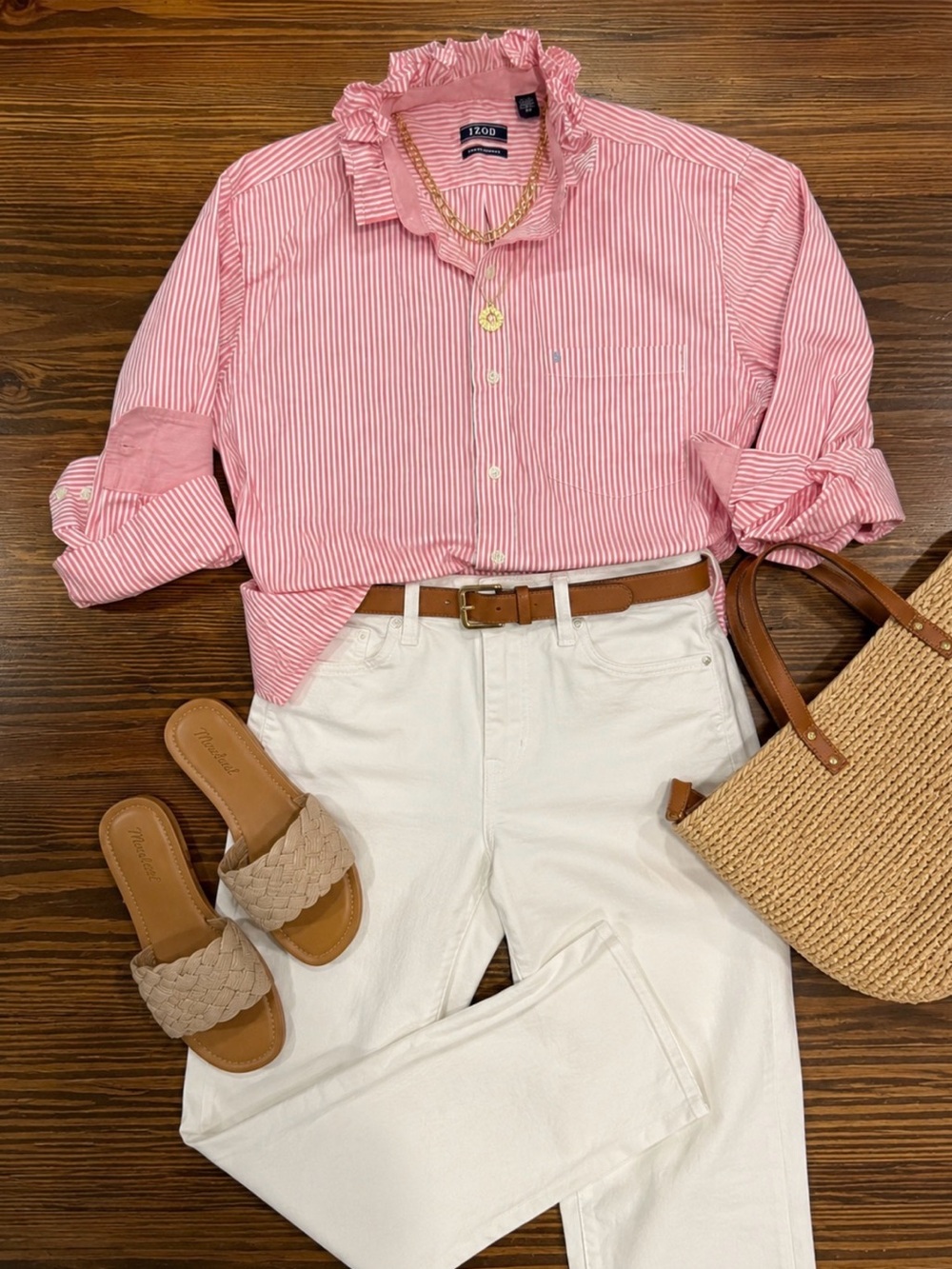 IZOD Pink Stripe Ruffle Collar Button-Up Shirt revived_ruffled